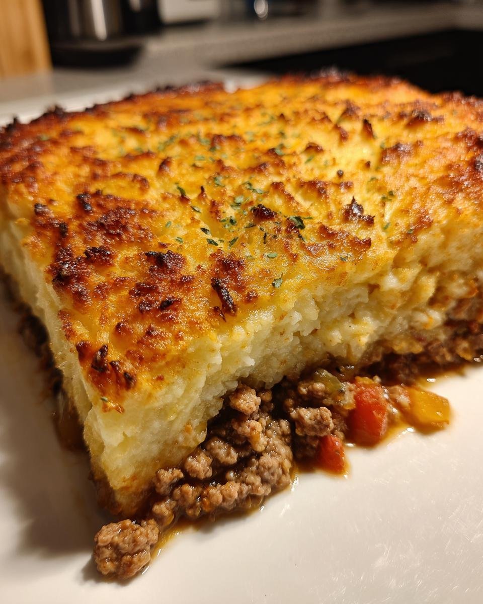 Close-up of a serving of Ground Turkey Shepherds Pie showing the browned mashed potato topping over the savory meat filling.