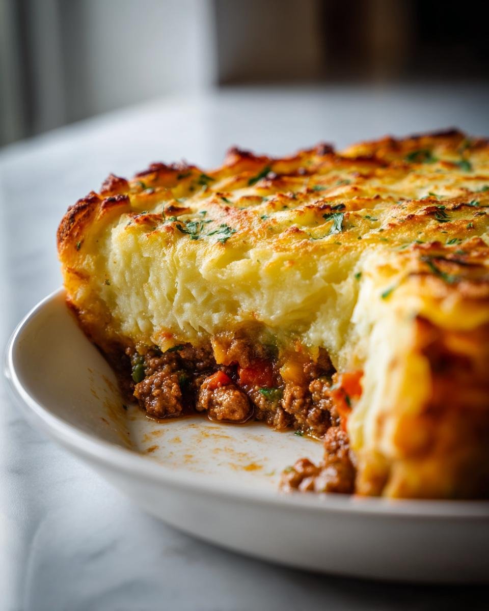 A close-up, cross-section view of a slice of amazing Ground Turkey Shepherds Pie with a thick, golden mashed potato topping.