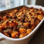 Close-up of a baked Ground Turkey Sweet Potato Bake with browned topping in a white rectangular dish.