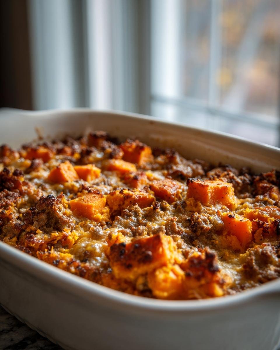 Close-up of a baked casserole dish filled with a savory Ground Turkey Sweet Potato Bake, featuring browned meat and bright orange sweet potato chunks.