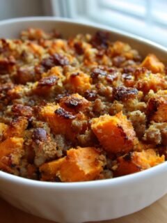 Close-up of a baked casserole featuring chunks of bright orange sweet potato mixed with ground turkey and a crispy, browned topping, served in a white dish.