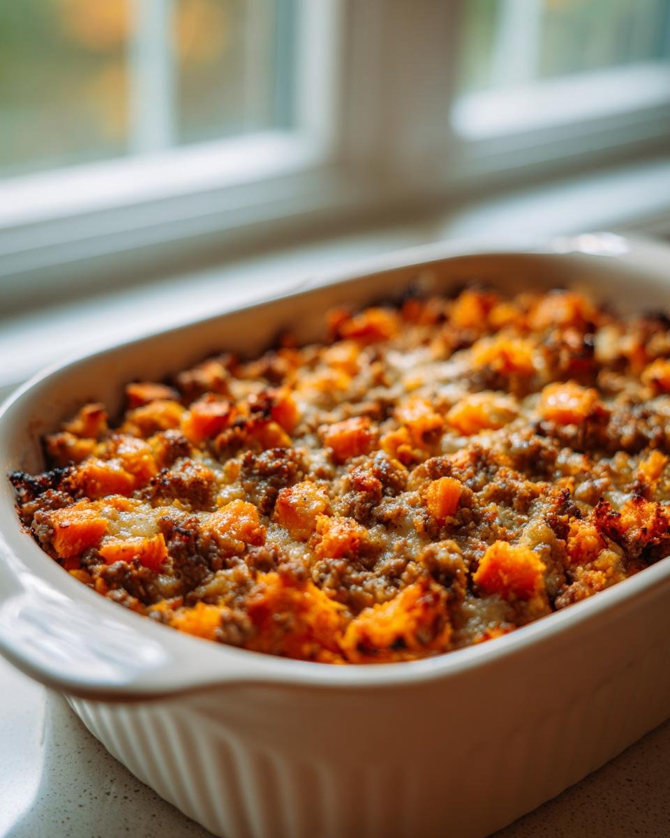 Close-up of a baked casserole dish filled with a cheesy Ground Turkey Sweet Potato Bake.