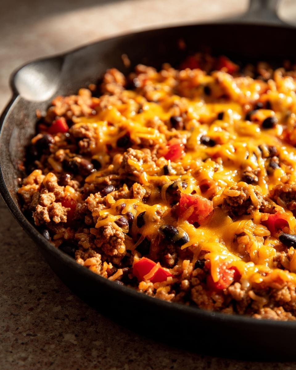 Close-up of a Ground Turkey Taco Skillet topped with melted cheddar cheese, black beans, and diced tomatoes.