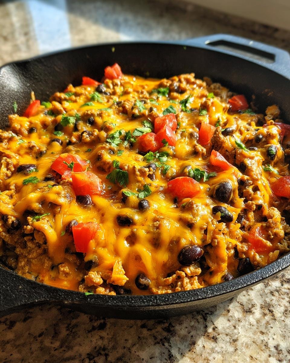 Melted cheese topping a Ground Turkey Taco Skillet with black beans and diced tomatoes.
