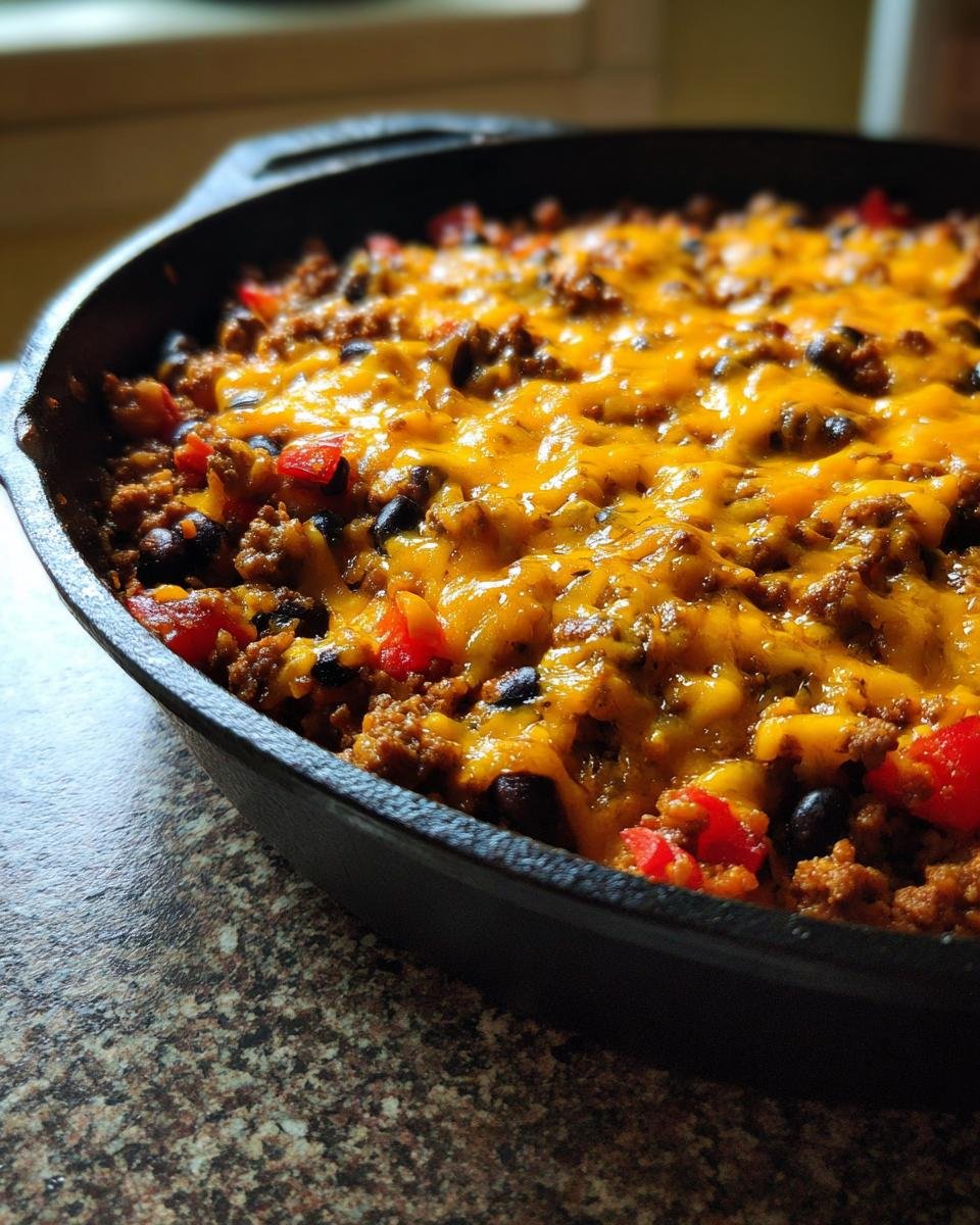 Close-up of a bubbling Ground Turkey Taco Skillet topped with melted cheddar cheese, black beans, and red peppers in a cast iron pan.