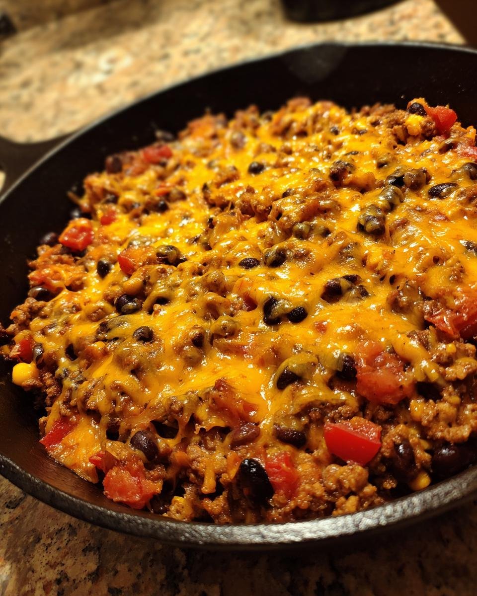 Close-up of a cheesy Ground Turkey Taco Skillet with black beans and tomatoes in a cast iron pan.
