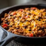 Close-up of a sizzling Ground Turkey Taco Skillet topped with melted cheddar cheese, black beans, and tomatoes in a cast iron pan.