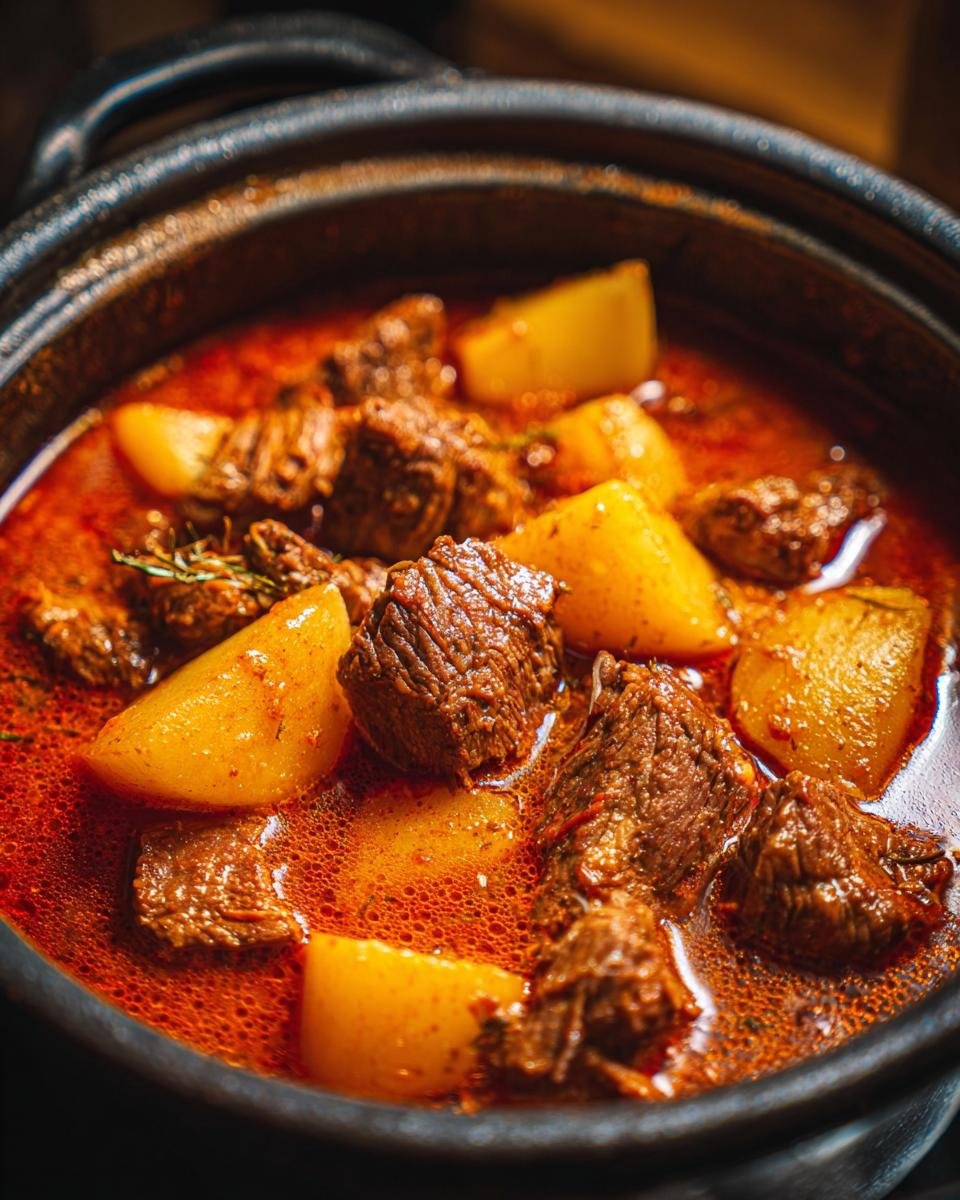 Close-up of rich, red Hungarian Goulash stew featuring tender beef chunks and large pieces of potato in a dark cooking vessel.