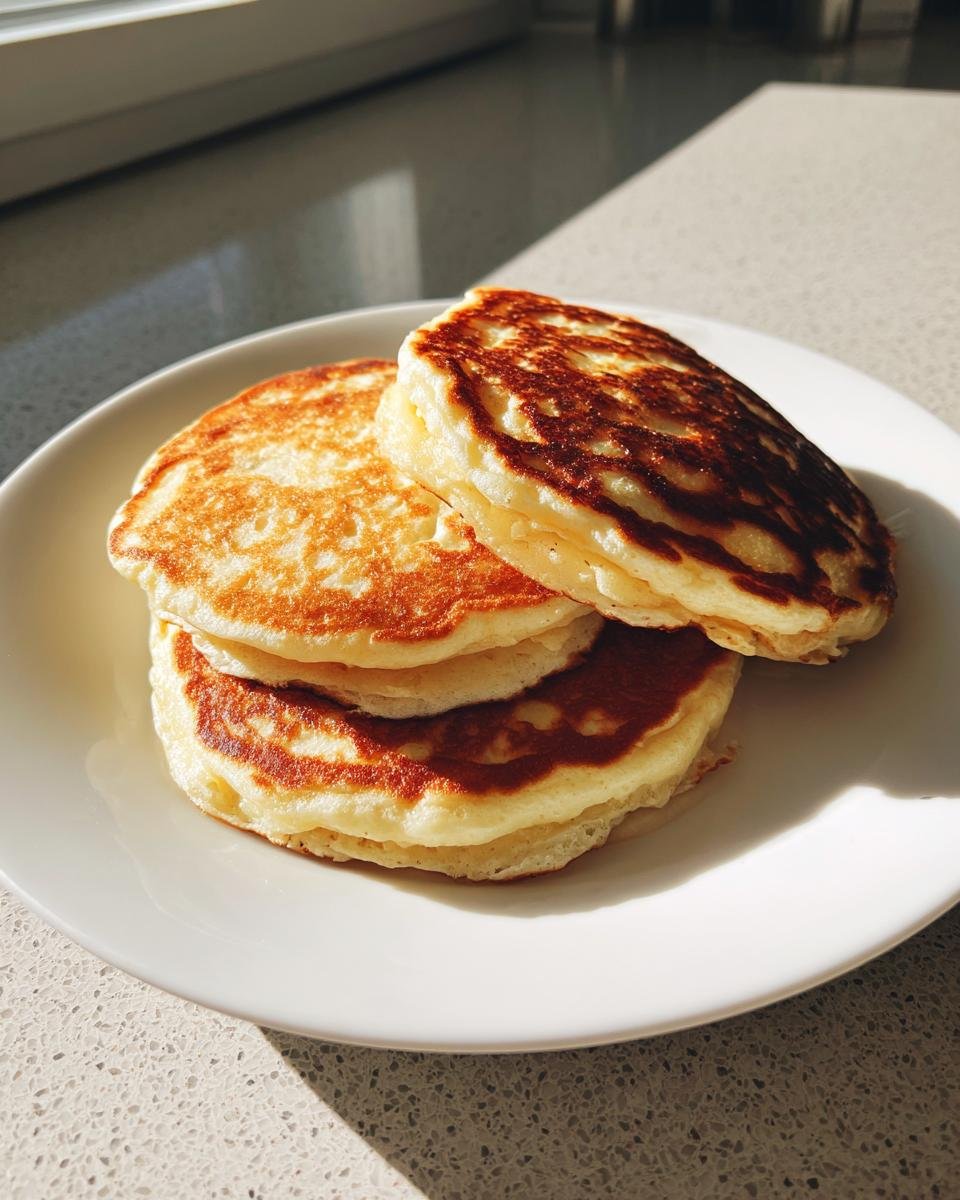 A stack of three golden-brown High Protein Cottage Cheese Pancakes served on a white plate.