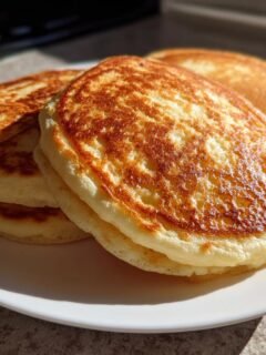 A stack of three golden-brown High Protein Cottage Cheese Pancakes on a white plate.