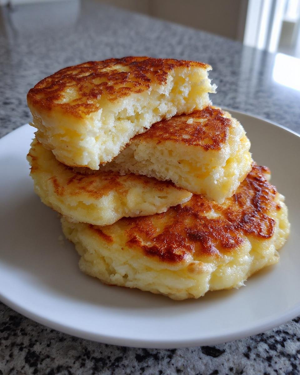Close-up of three golden-brown High Protein Cottage Cheese Pancakes stacked on a white plate, one broken open.