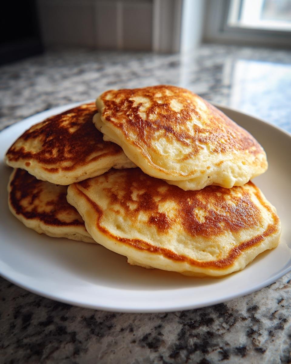 A stack of four golden-brown High Protein Cottage Cheese Pancakes served on a white plate.