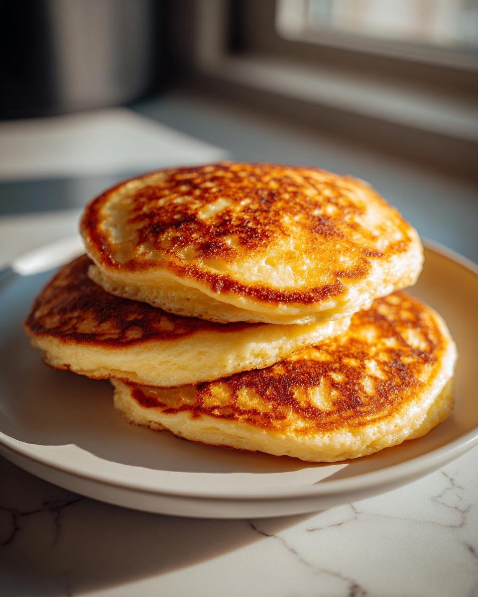 A stack of three golden-brown High Protein Cottage Cheese Pancakes sitting on a light gray plate.
