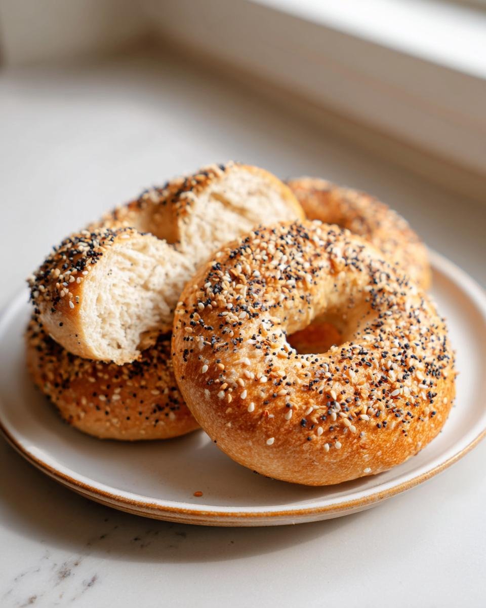 A plate holding several golden-brown High Protein Greek Yogurt Bagels topped with everything seasoning, one bagel is broken open.
