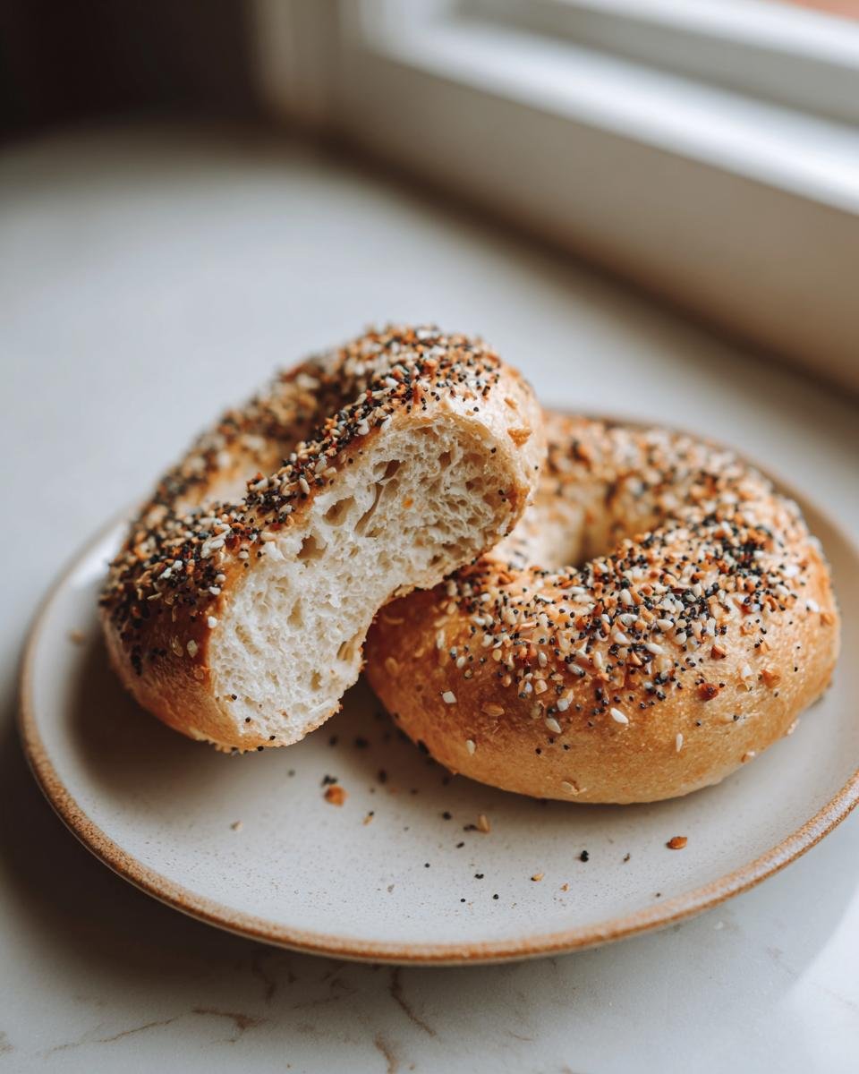 A halved High Protein Greek Yogurt Bagel topped with everything seasoning sitting on a speckled plate.