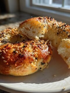 A golden-brown High Protein Greek Yogurt Bagel, topped with everything seasoning, broken open to show the soft interior.