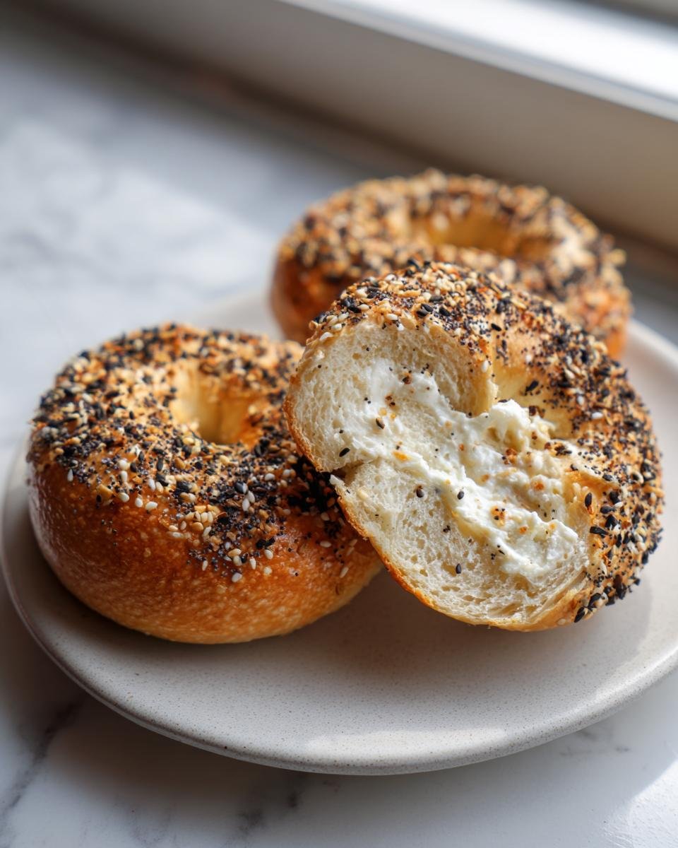 Close-up of High Protein Greek Yogurt Bagels topped with everything seasoning, one sliced open with cream cheese.