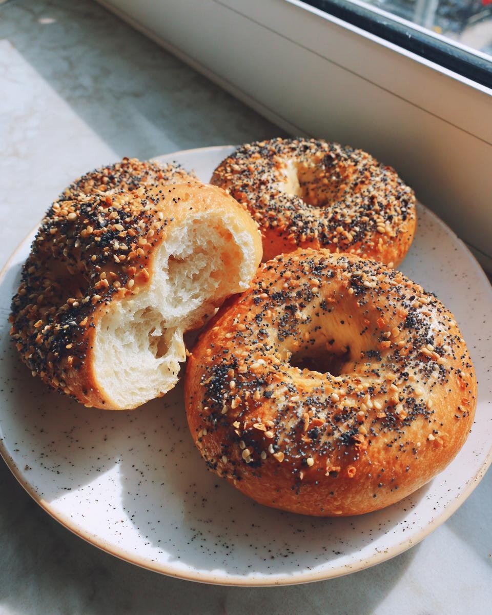 Three everything bagels, one torn open to show the fluffy interior, on a speckled white plate.