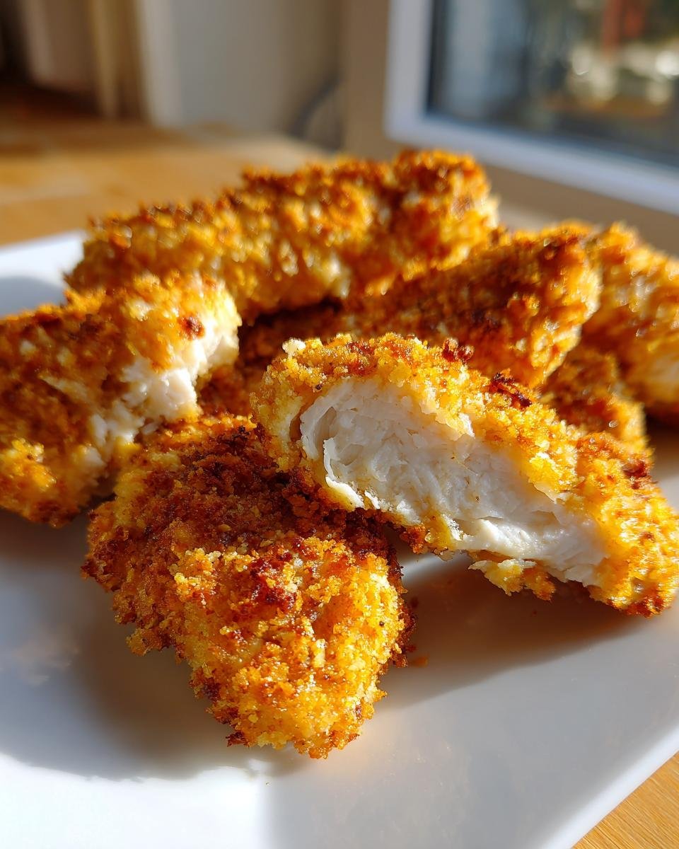 Close-up of golden brown Homemade Baked Chicken Tenders, one piece cut open showing juicy white meat.