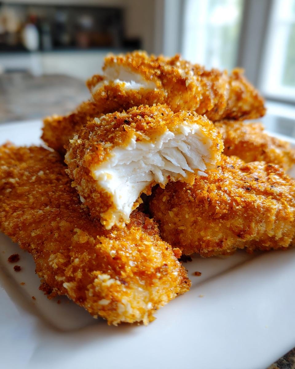 Close-up of crispy Homemade Baked Chicken Tenders, one piece broken open showing moist white meat.