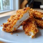 Close-up of Homemade Baked Chicken Tenders, showing a crispy golden exterior and juicy white interior.