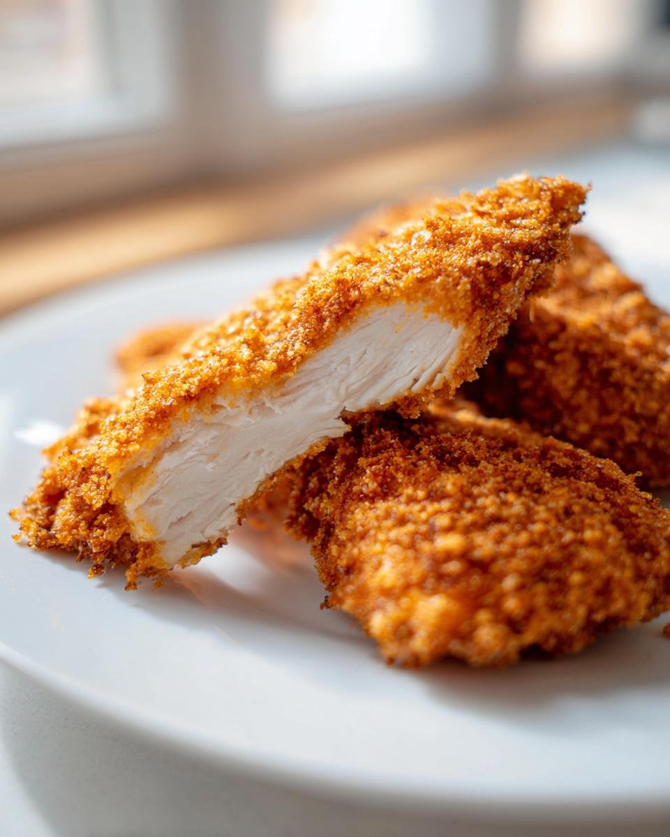 Close-up of Homemade Baked Chicken Tenders cut in half showing juicy white meat and crispy golden breading.
