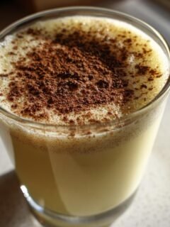 Close-up of a glass filled with creamy Homemade Eggnog Recipe, dusted heavily with cocoa powder.