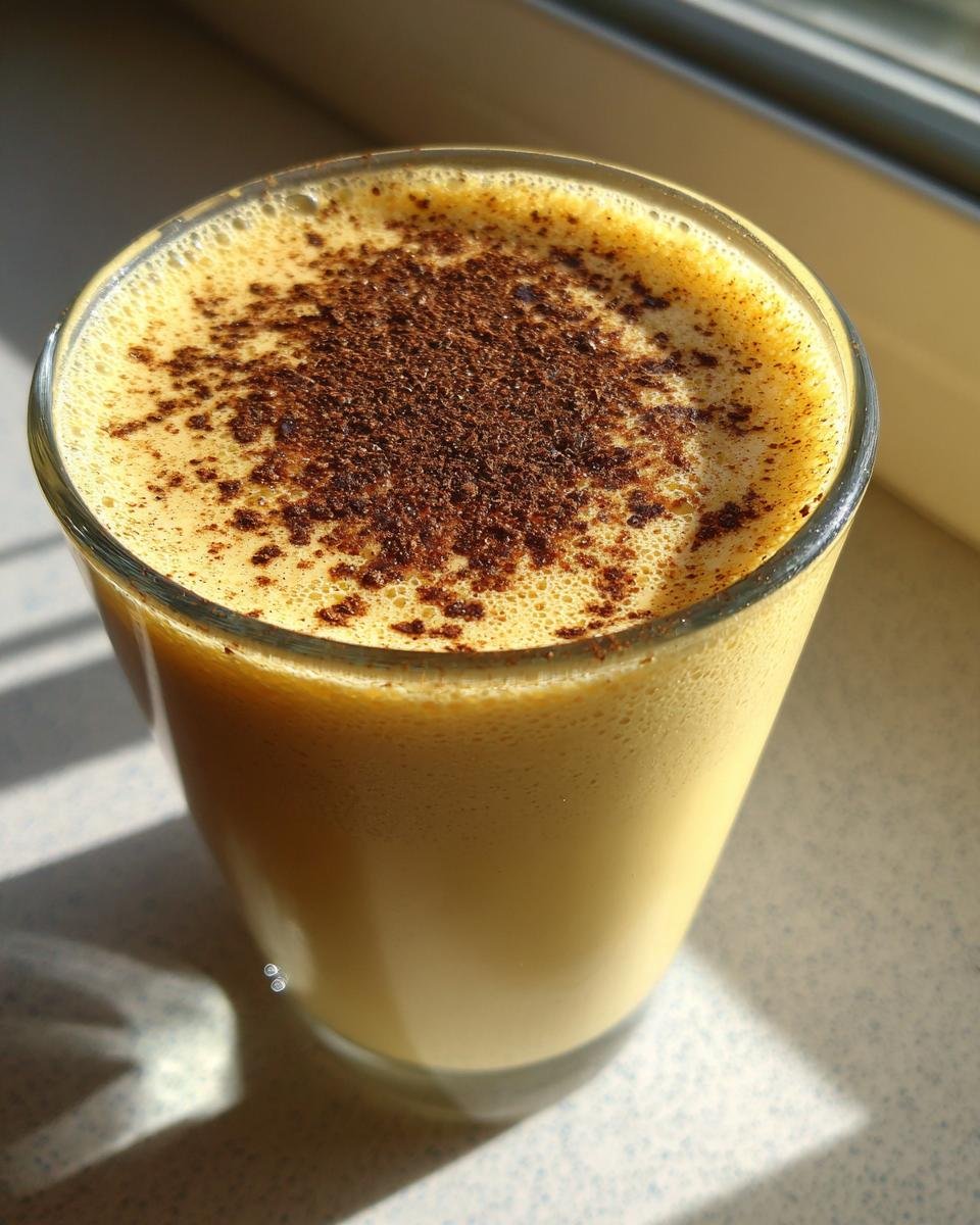 Close-up of a glass filled with creamy Homemade Eggnog Recipe, topped with a dusting of nutmeg or cinnamon.