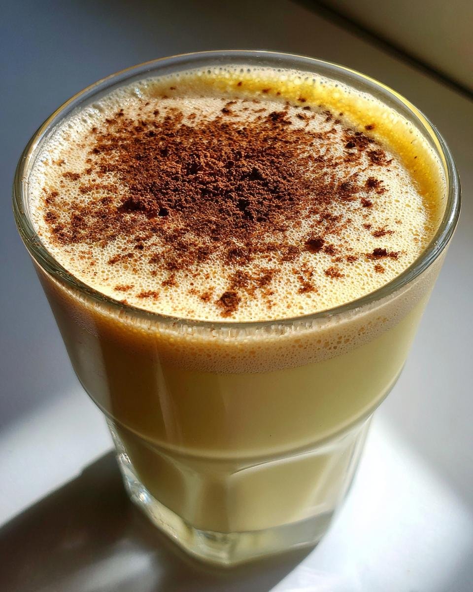 Close-up of a glass filled with creamy Homemade Eggnog Recipe, topped with frothy foam and a dusting of nutmeg or cinnamon.
