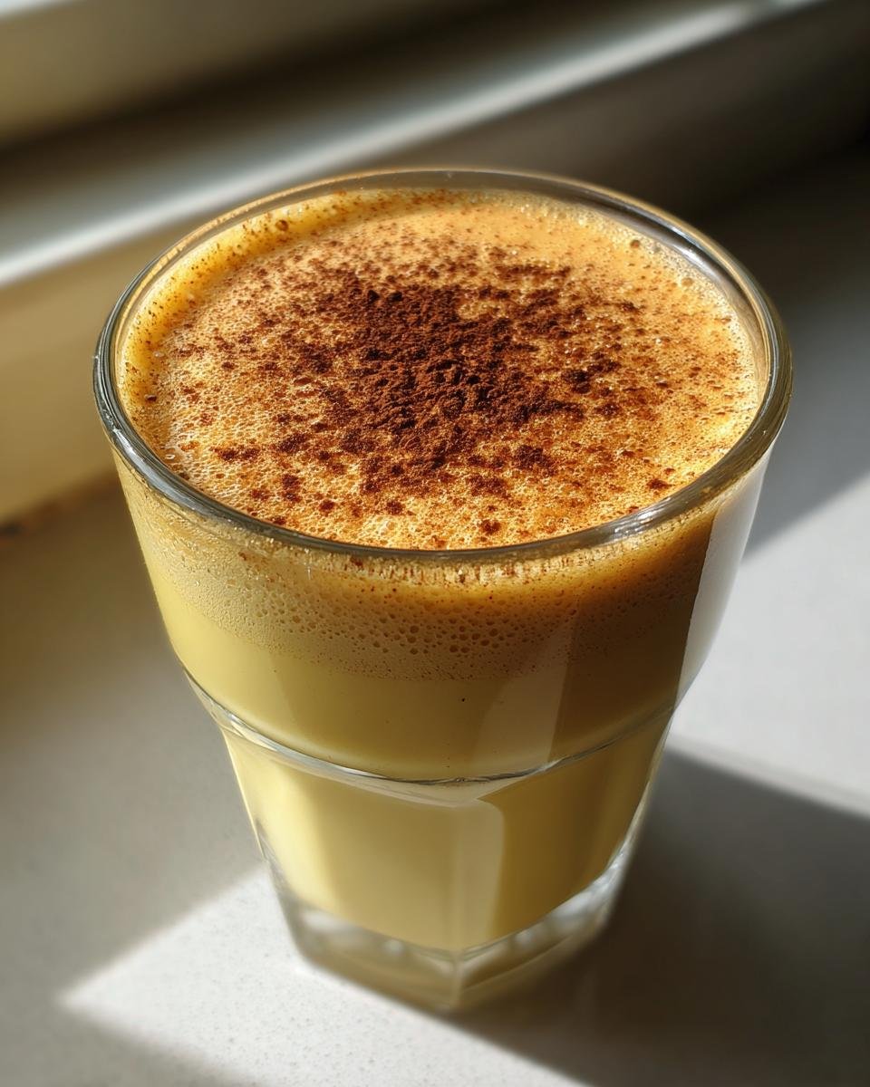 Close-up of a glass filled with creamy yellow Homemade Eggnog Recipe, topped with frothy foam and sprinkled nutmeg.