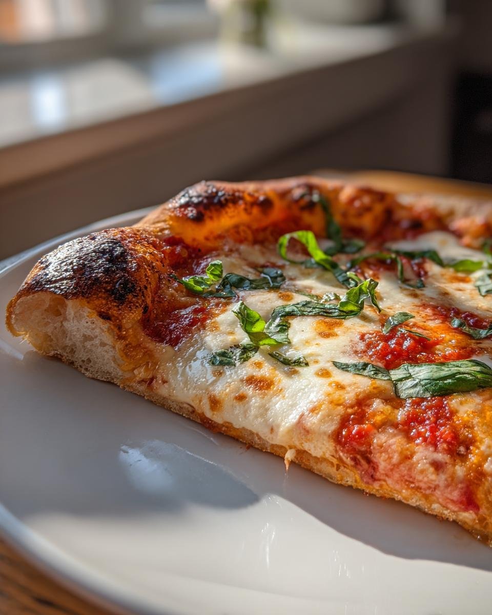Close-up of a slice of Homemade Margherita Pizza showing melted mozzarella, tomato sauce, and fresh basil on a white plate.