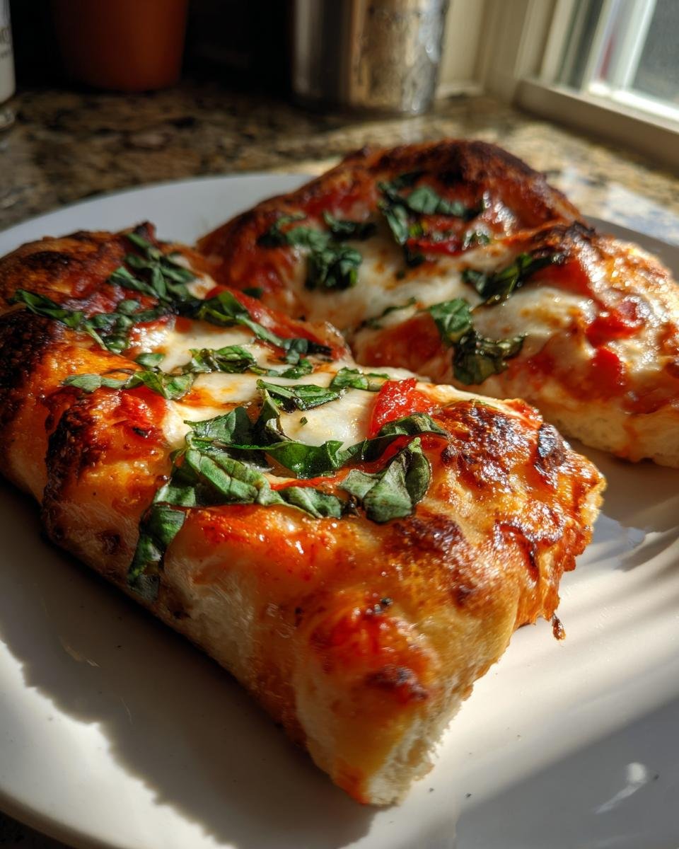 Close-up of two slices of Homemade Margherita Pizza featuring melted mozzarella, tomato sauce, and fresh basil.