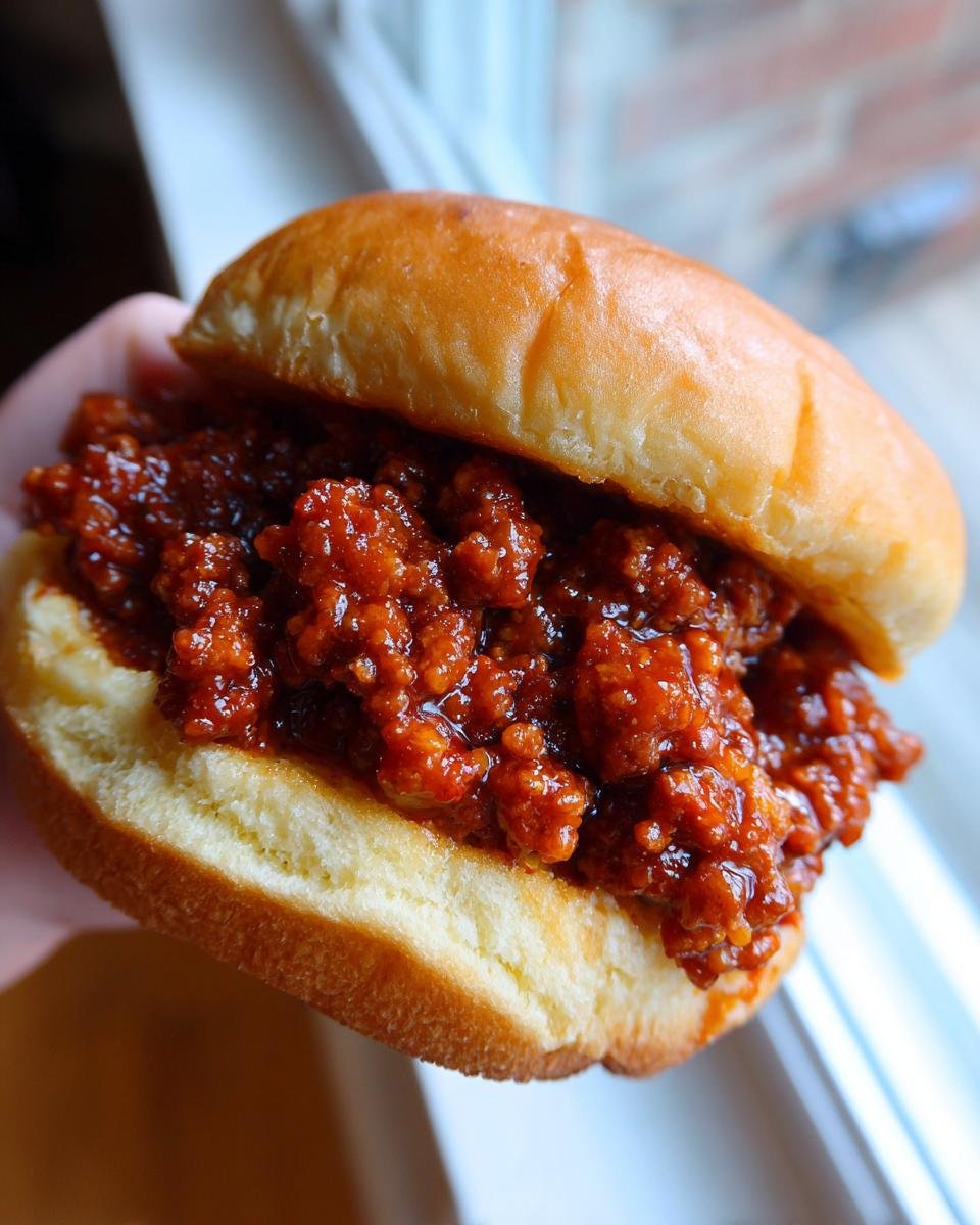 A close-up view of a juicy Homemade Sloppy Joes sandwich served on a soft, toasted bun.