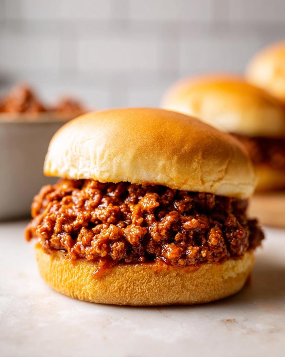 A close-up of a perfectly assembled Homemade Sloppy Joe piled high with saucy ground meat on a soft bun.