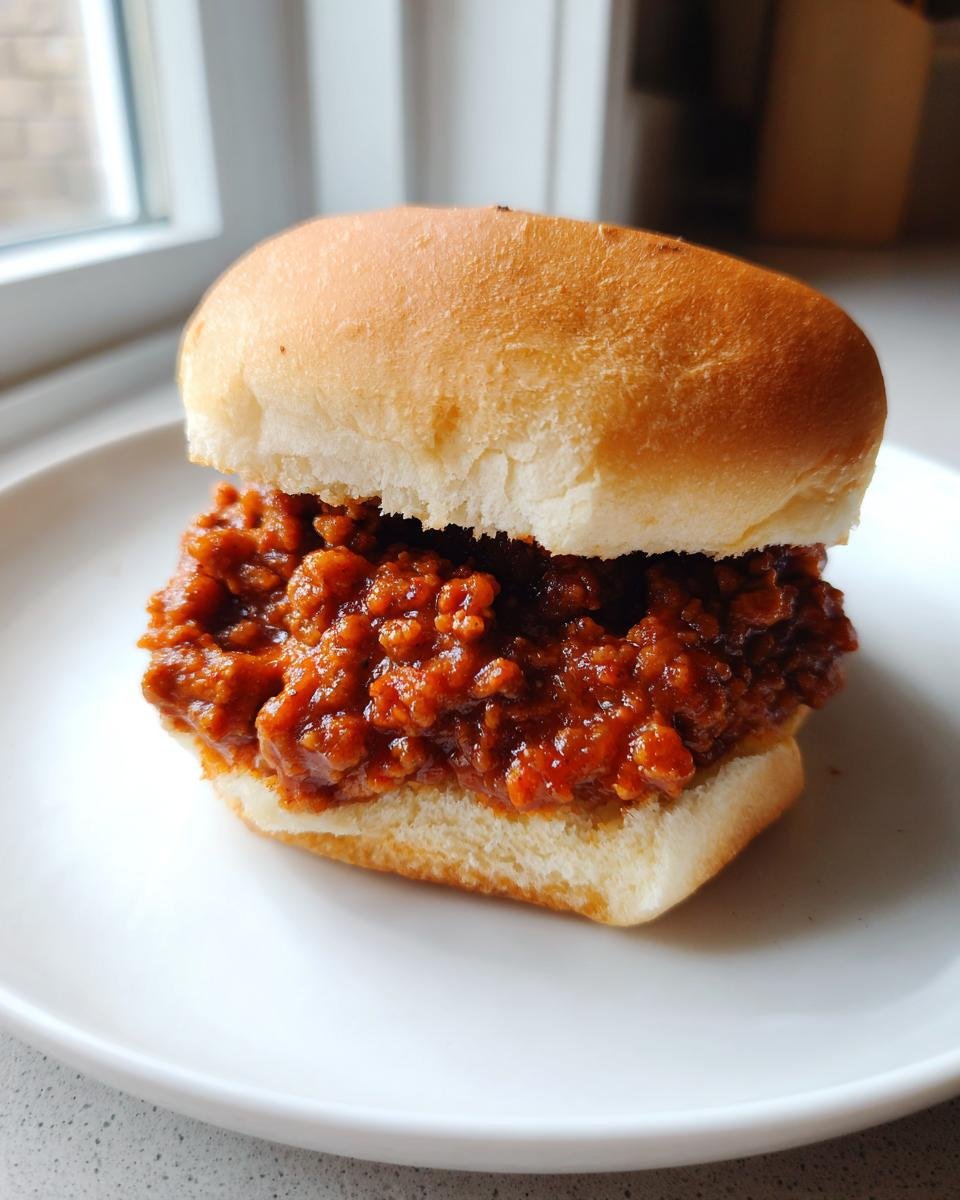 A close-up of a single Homemade Sloppy Joes sandwich served on a white plate.