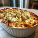 A close-up of a bubbling, golden-brown Homemade Spinach And Artichoke Dip in a white baking dish.