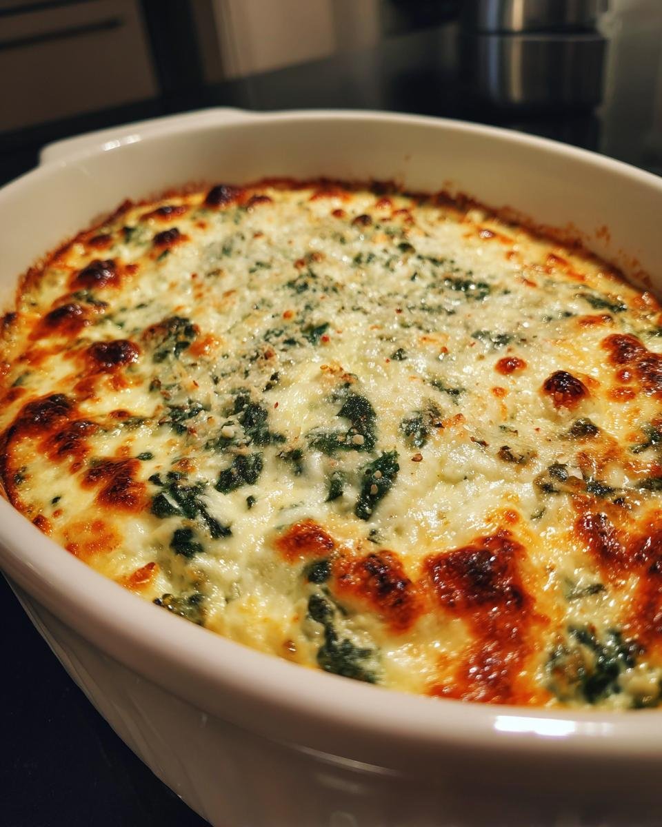 Close-up of bubbling, cheesy Homemade Spinach And Artichoke Dip fresh from the oven in a white baking dish.