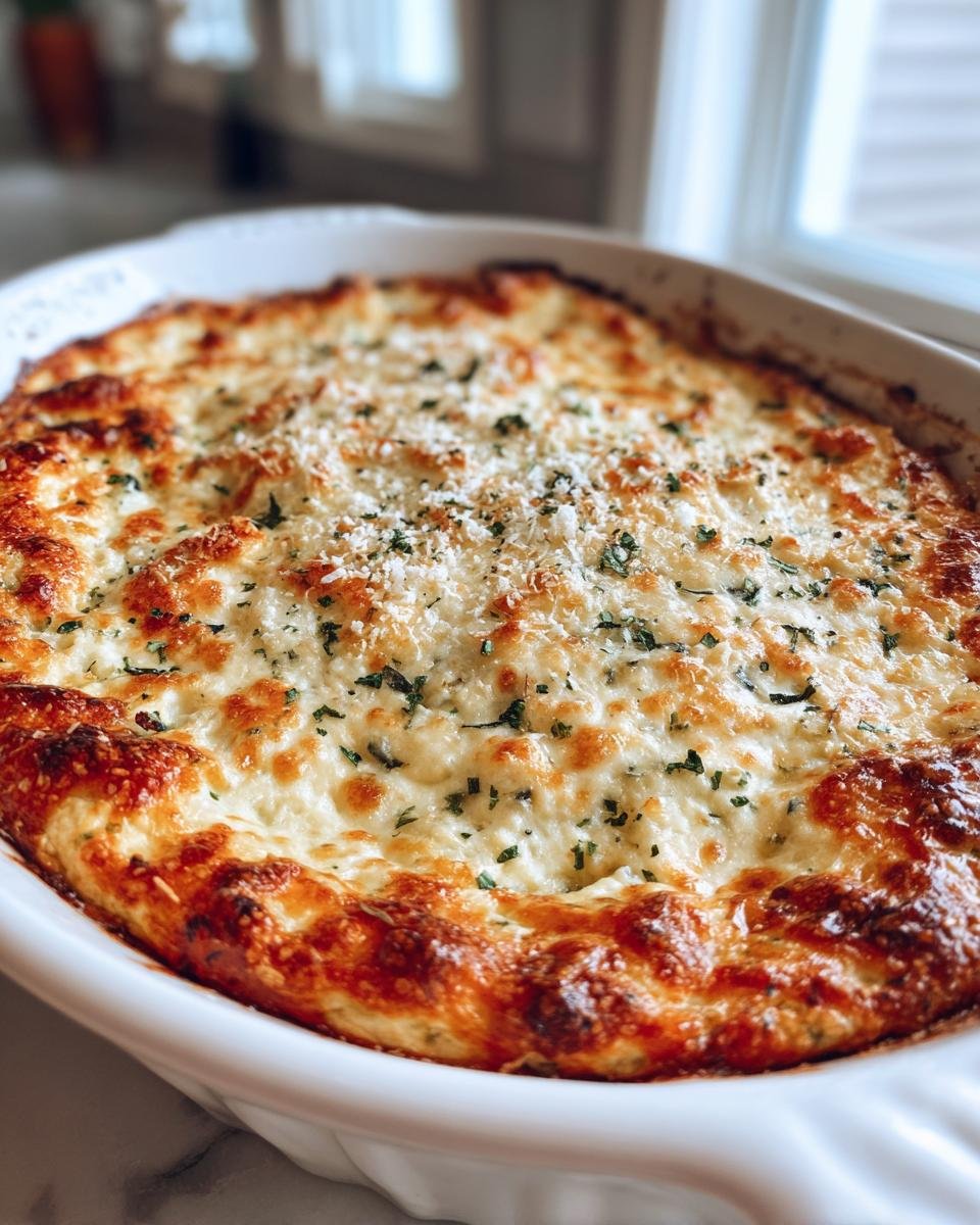 Close-up of bubbling, golden-brown Homemade Spinach And Artichoke Dip topped with Parmesan and parsley.