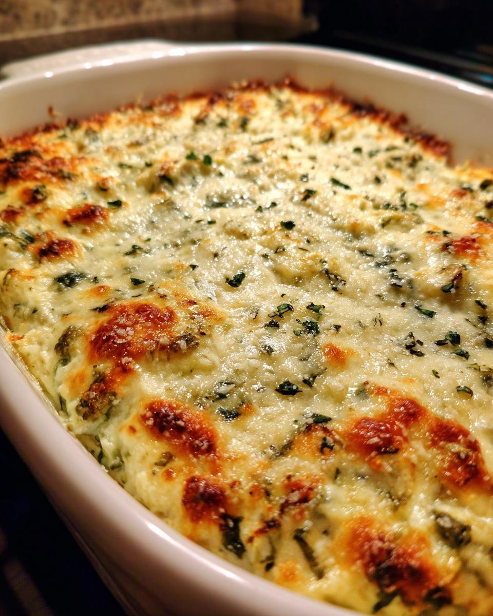 Close-up of hot, bubbly Homemade Spinach And Artichoke Dip with a golden-brown, cheesy crust.