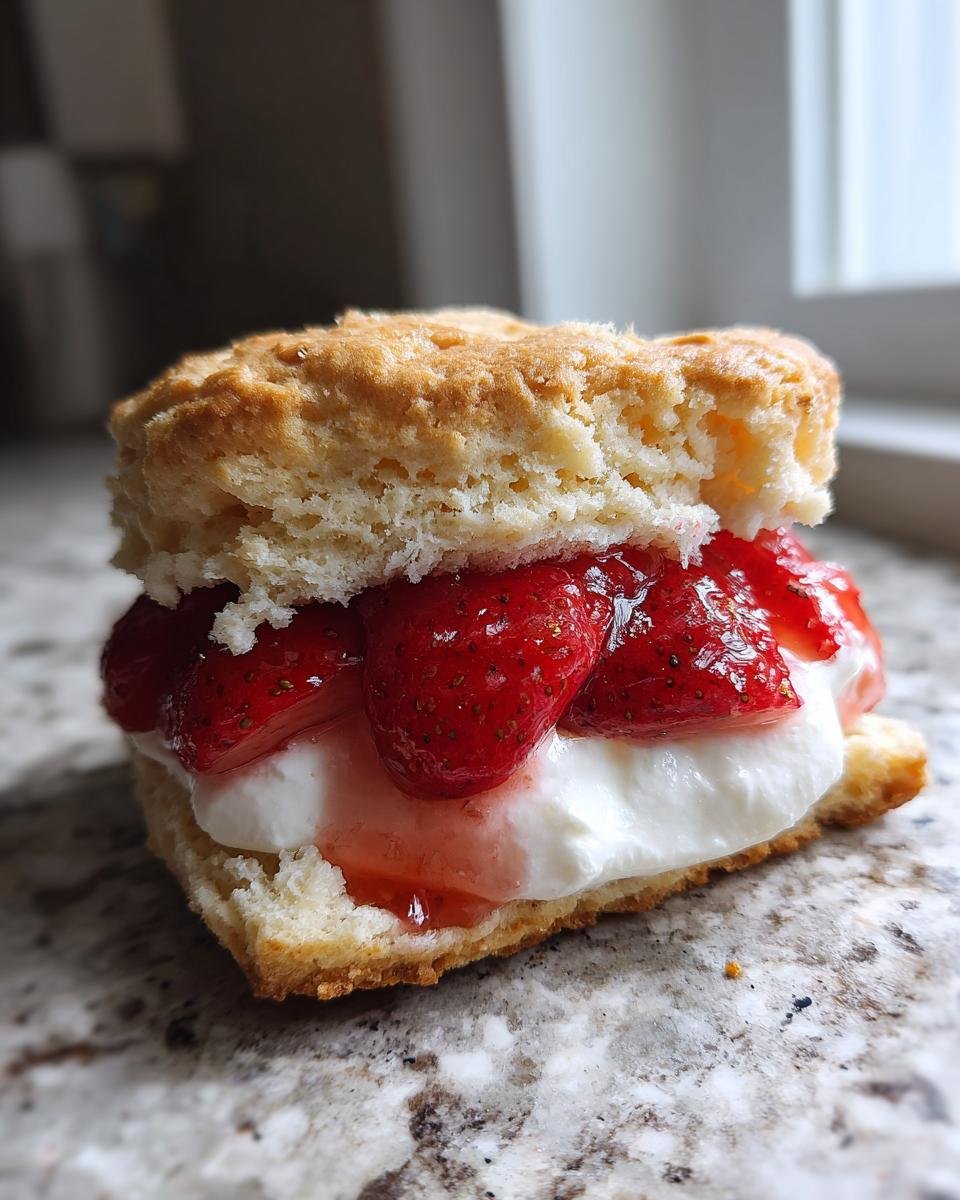 A close-up of a freshly assembled Strawberry Shortcake with biscuit, whipped cream, and macerated strawberries.