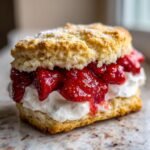 Close-up of a delicious Strawberry Shortcake featuring a biscuit, whipped cream, and macerated strawberries.