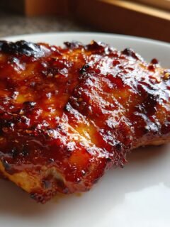 Close-up of a piece of Honey Chipotle Chicken with a thick, glossy, caramelized glaze.