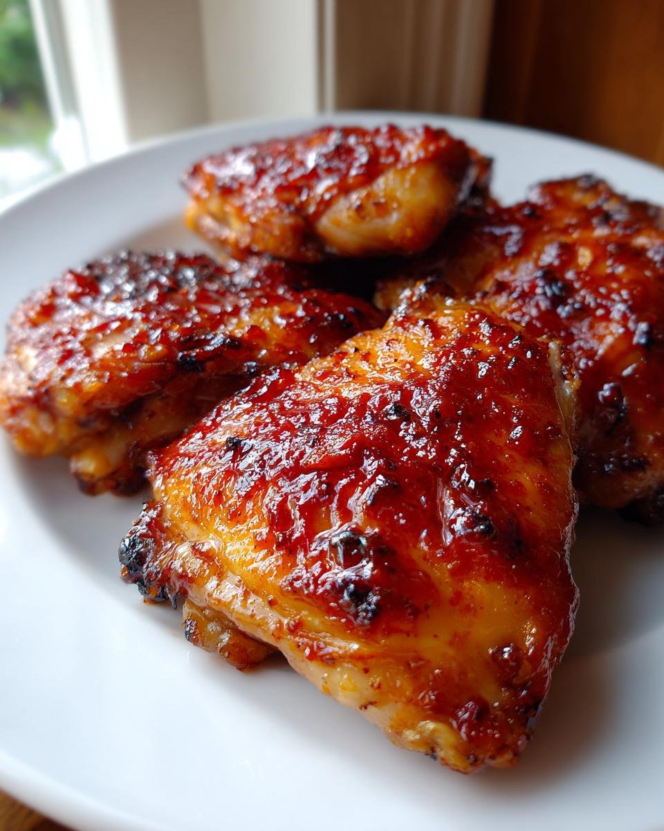 Close-up of several glazed Honey Chipotle Chicken thighs with a sticky, caramelized coating served on a white plate.