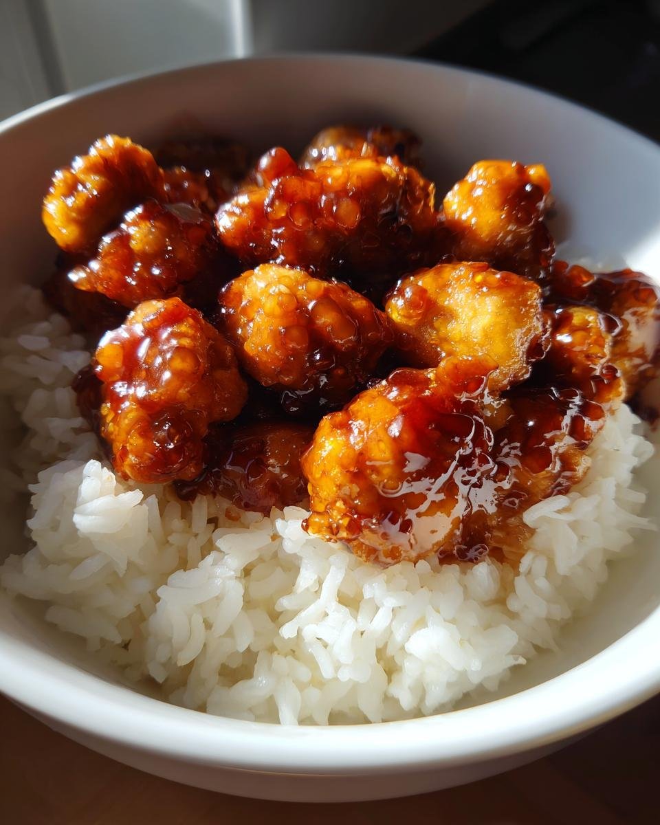 Close-up of crispy chicken pieces coated in glossy honey garlic sauce served over white rice in a bowl.