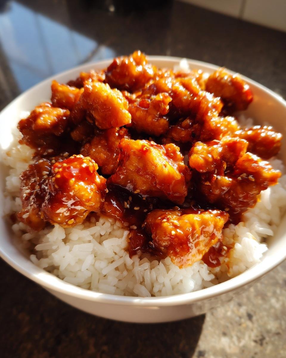 Close-up of a white bowl filled with white rice topped with sticky, glazed Honey Garlic Chicken pieces sprinkled with sesame seeds.