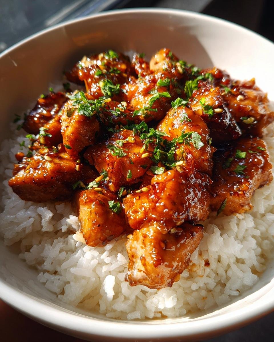 Close-up of glazed Honey Garlic Chicken served over white rice, garnished with sesame seeds and parsley.