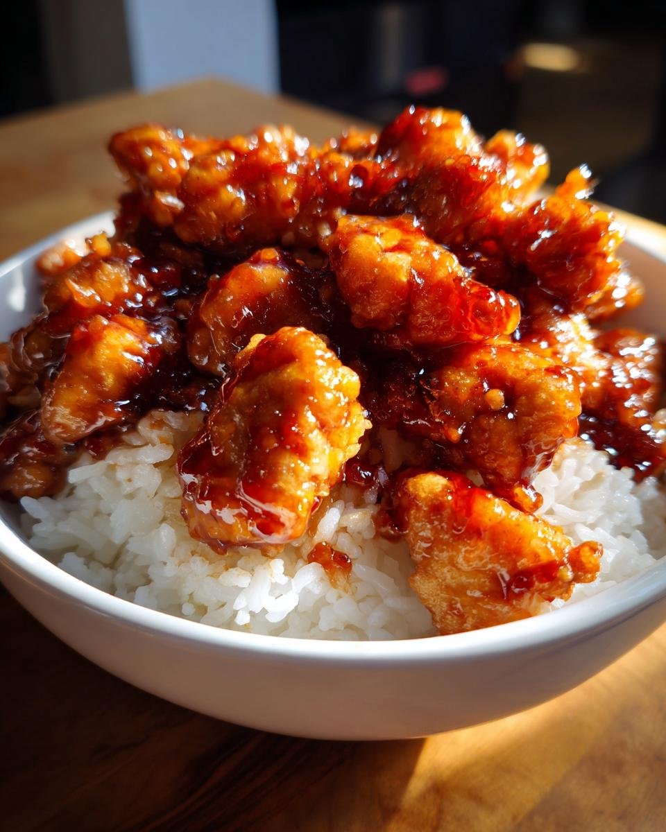 Close-up of crispy chicken pieces coated in a thick, glossy sauce served over white rice in a bowl, perfect for a Honey Garlic Chicken Rice Bowl.