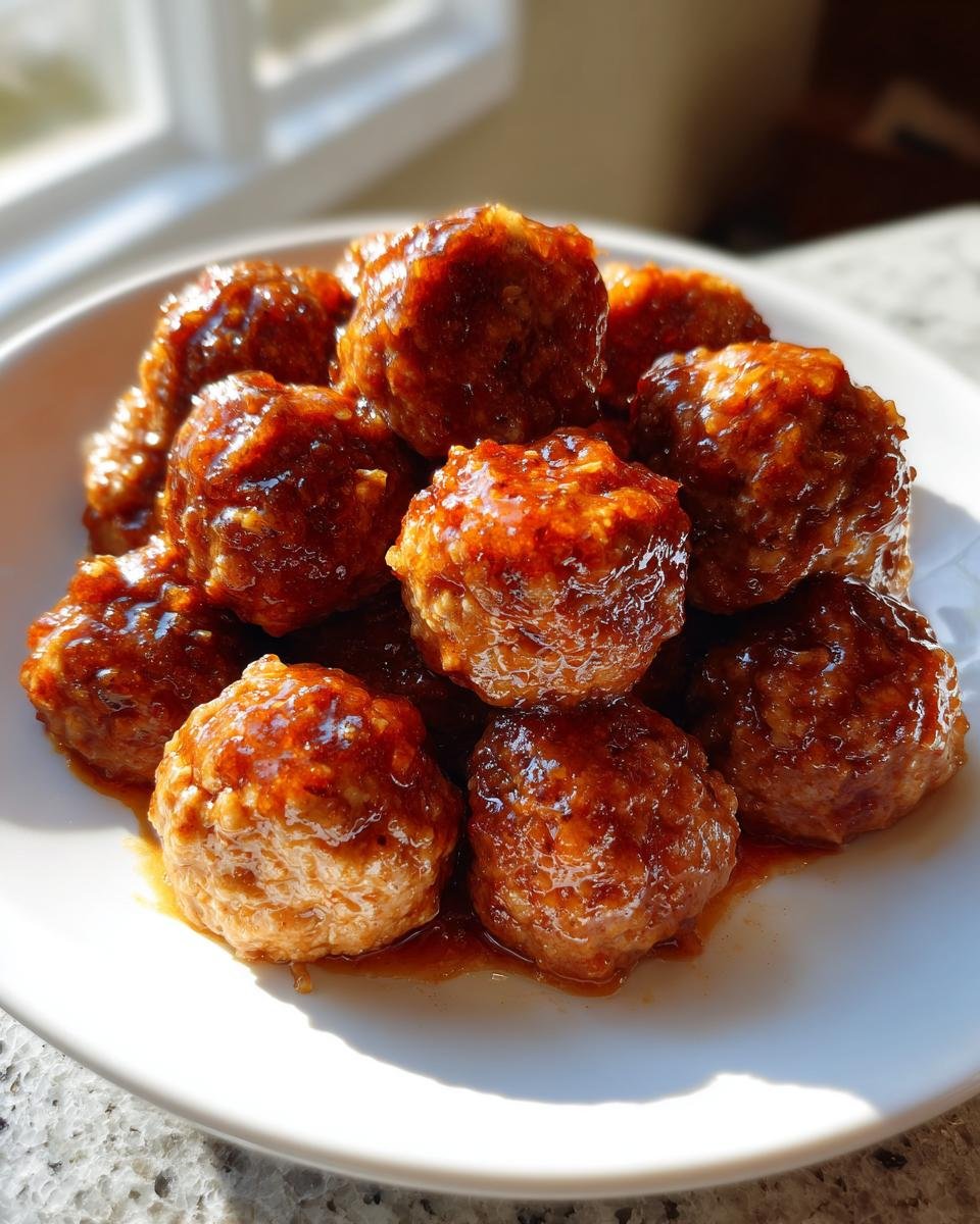 A close-up of several glistening Honey Garlic Turkey Meatballs piled on a white plate, coated in a rich, dark sauce.