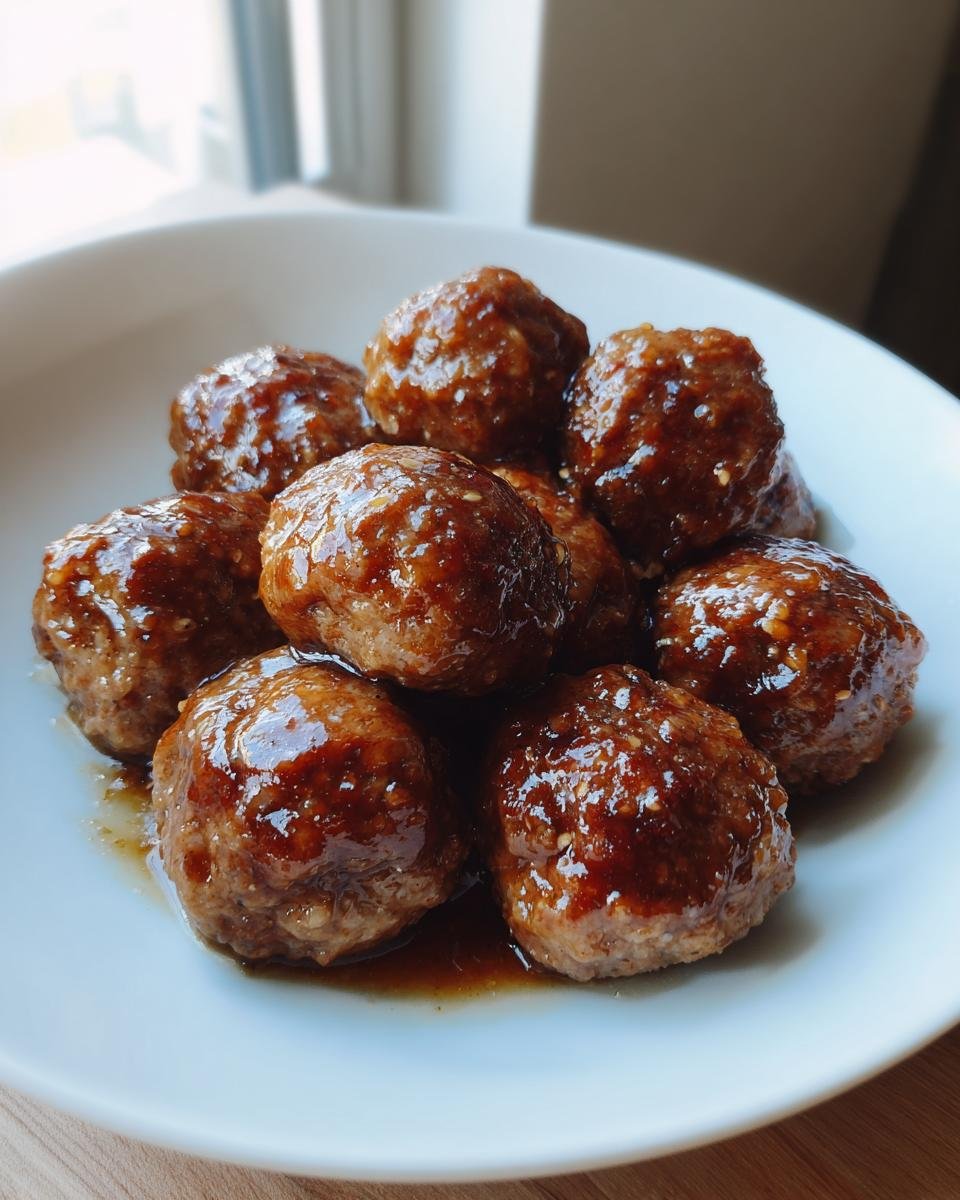 A close-up of several glossy Honey Garlic Turkey Meatballs coated in a thick, dark sauce, served on a white plate.