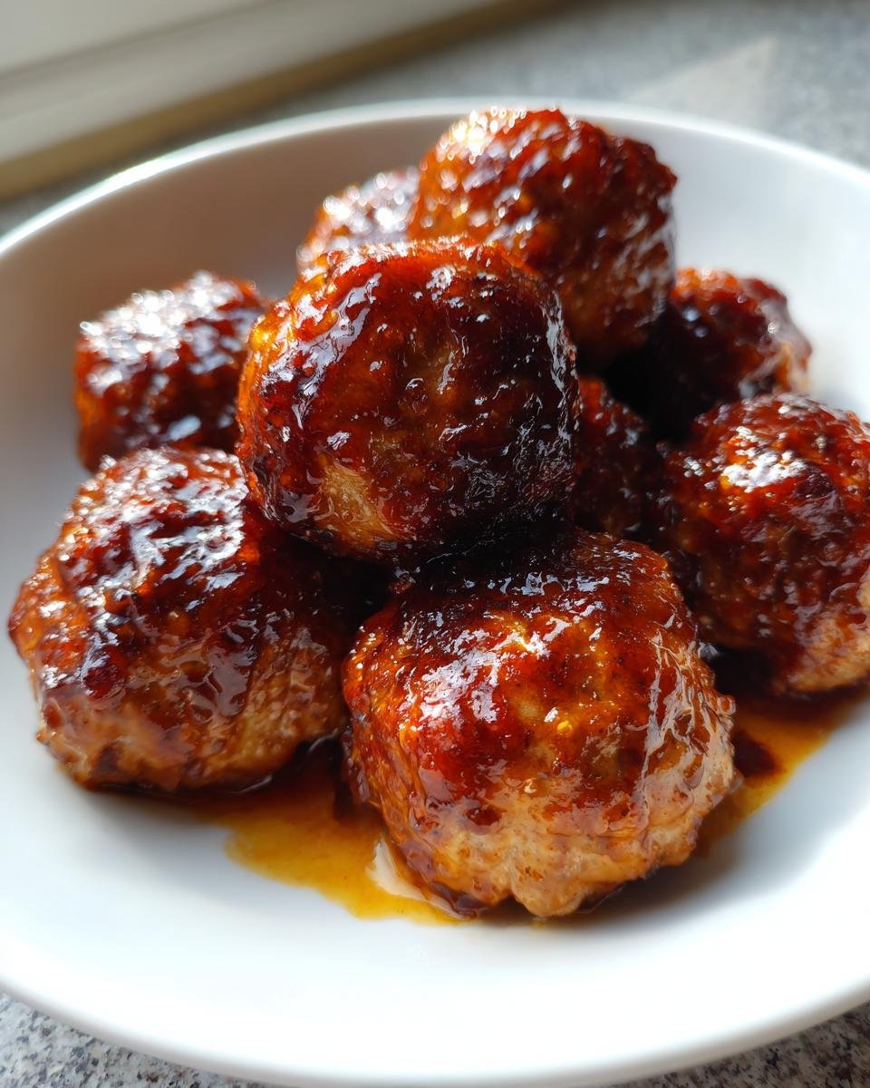 Close-up of several Honey Garlic Turkey Meatballs coated in a thick, shiny glaze, served in a white bowl.